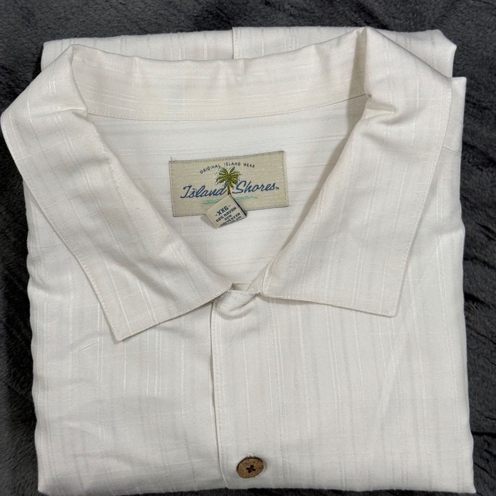 Island Shores Button Up Shirt Mens XXL White Textured Stripe Short Sleeve
